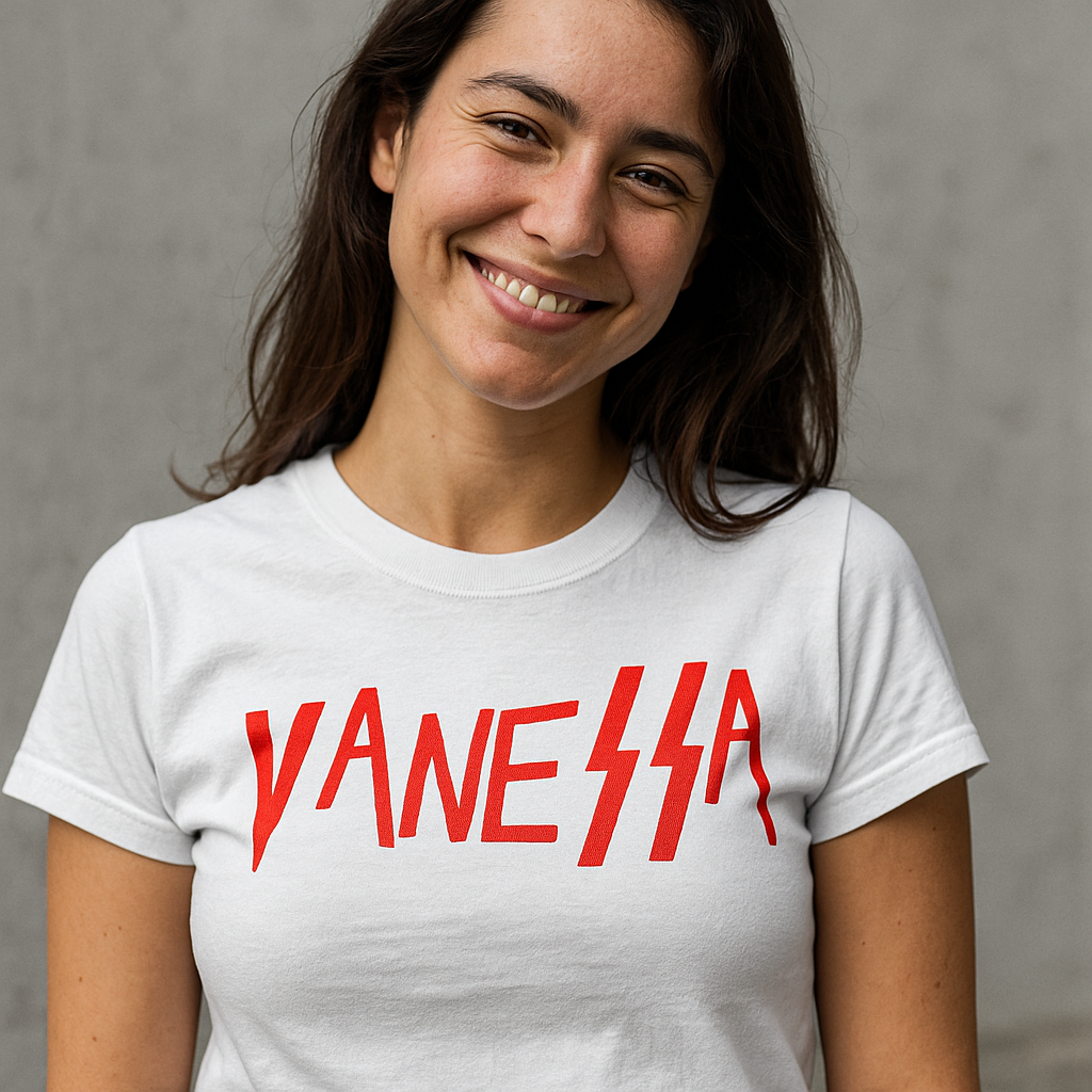 Woman wearing a white custom Slayer band t-shirt with red text and lightning bolt design on a gray background