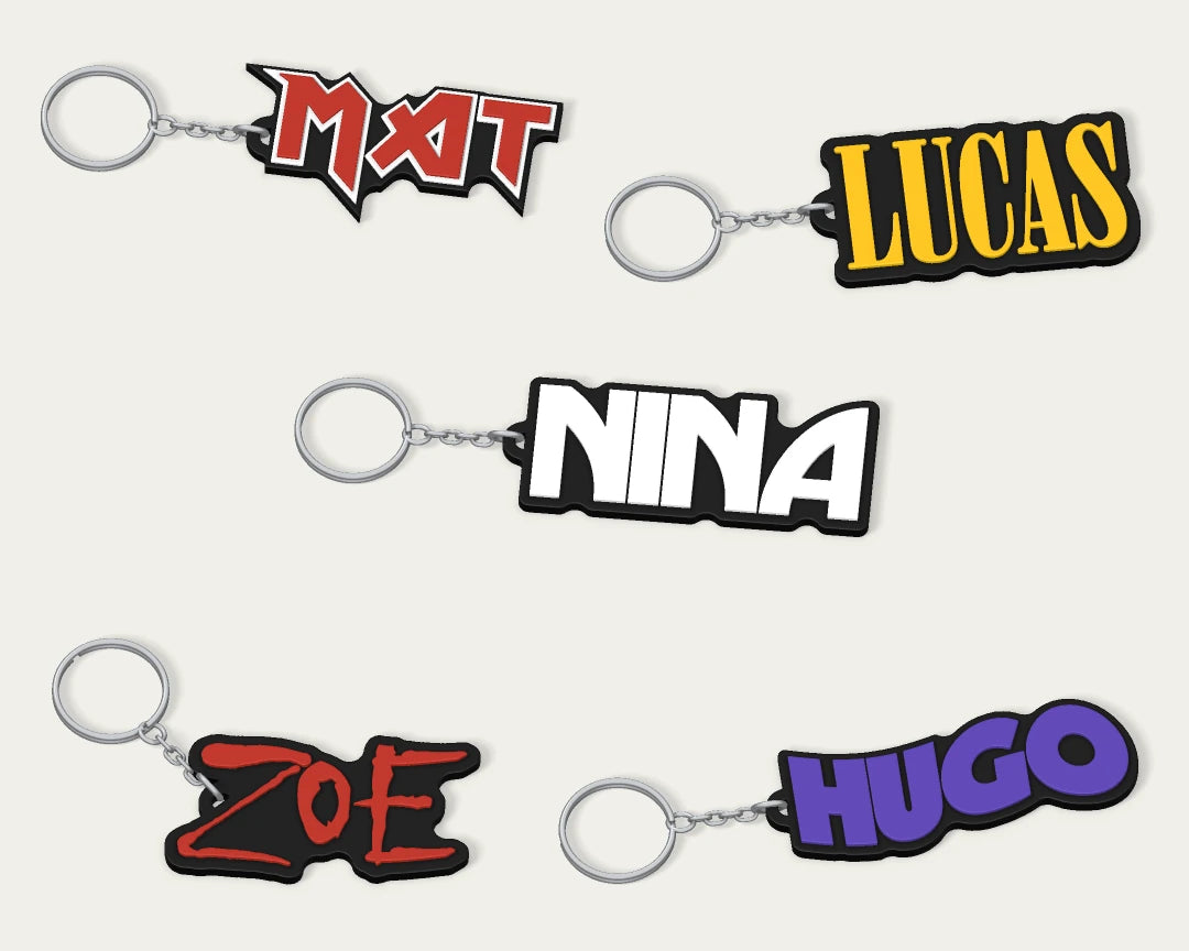 Iron Maiden, Nirvana, KISS, Slipknot, Black Sabbath — Keychains personalised with Mat, Lucas, Nina, Zoe, Hugo