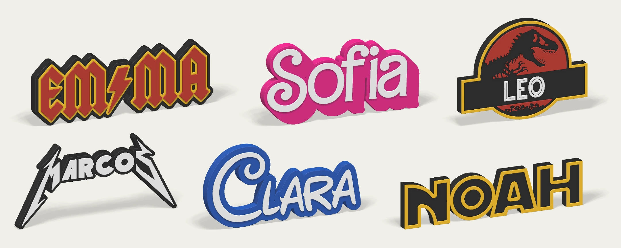 AC/DC, Barbie, Jurassic Park, Metallica, Disney, Star Wars — Desk signs personalised with Emma, Sofia, Leo, Marcos, Clara, Noah