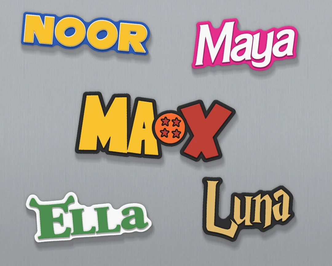 Sonic, Barbie, Dragon Ball, Shrek, Harry Potter — Magnets personalised with Noor, Maya, Max, Ella, Luna